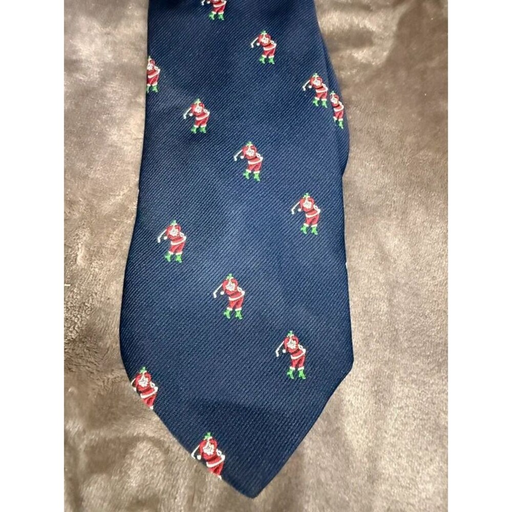 VTG 80s Cape Cod Neckwear Santa Golf Christmas Tie Navy Golfer Holiday Necktie